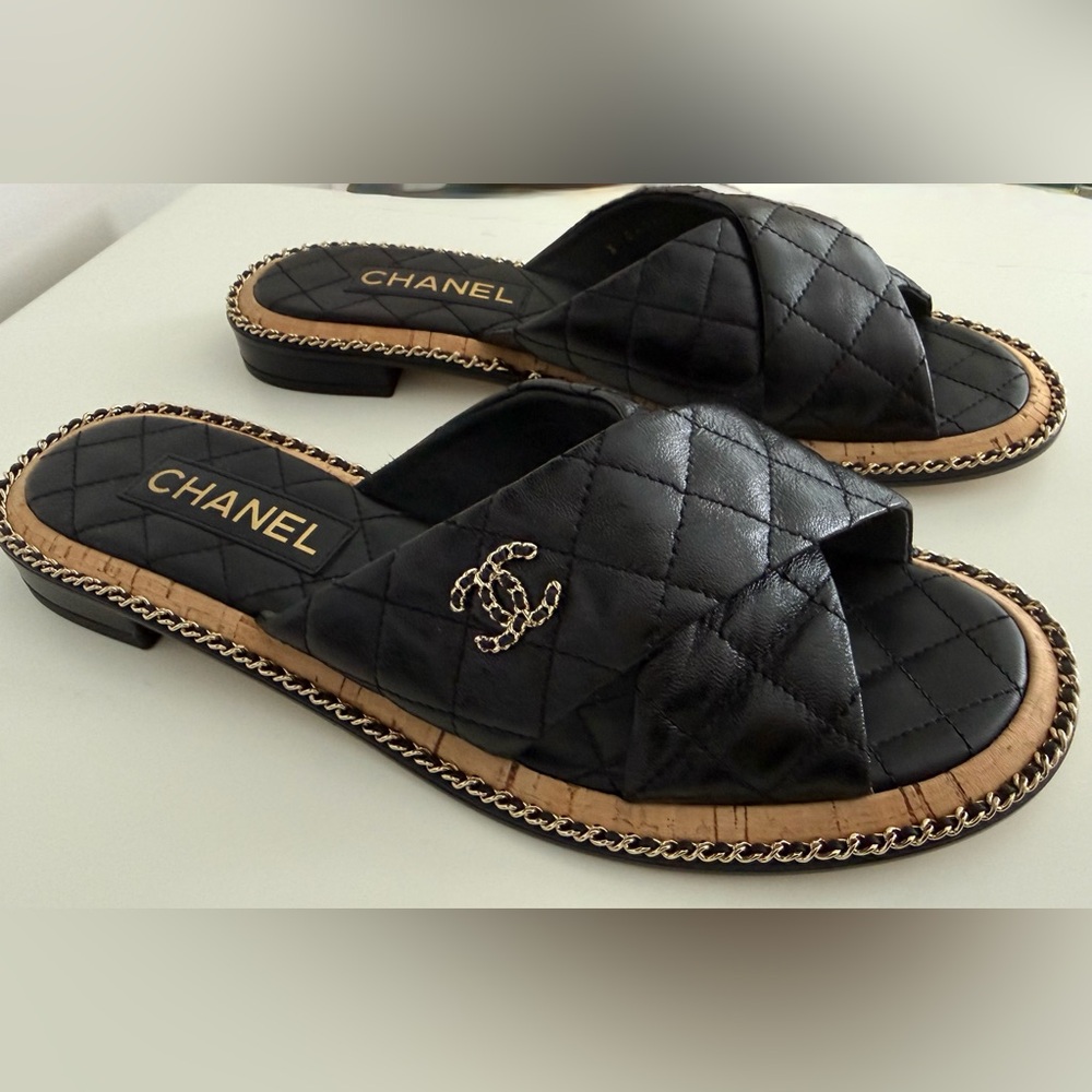 Chanel Black Quilted Sandals with Gold Accents